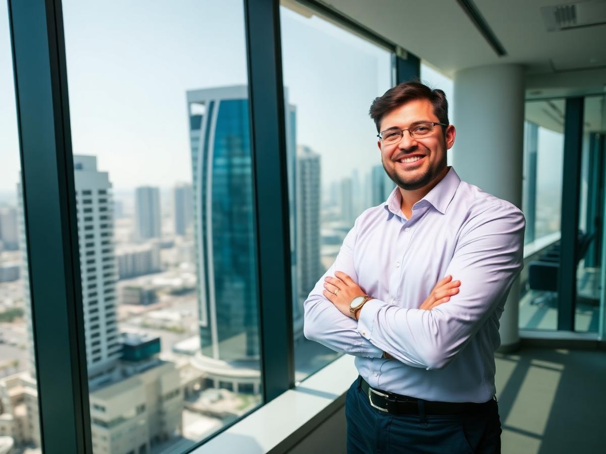 Entrepreneur in a modern UAE office overlooking the Dubai business district
