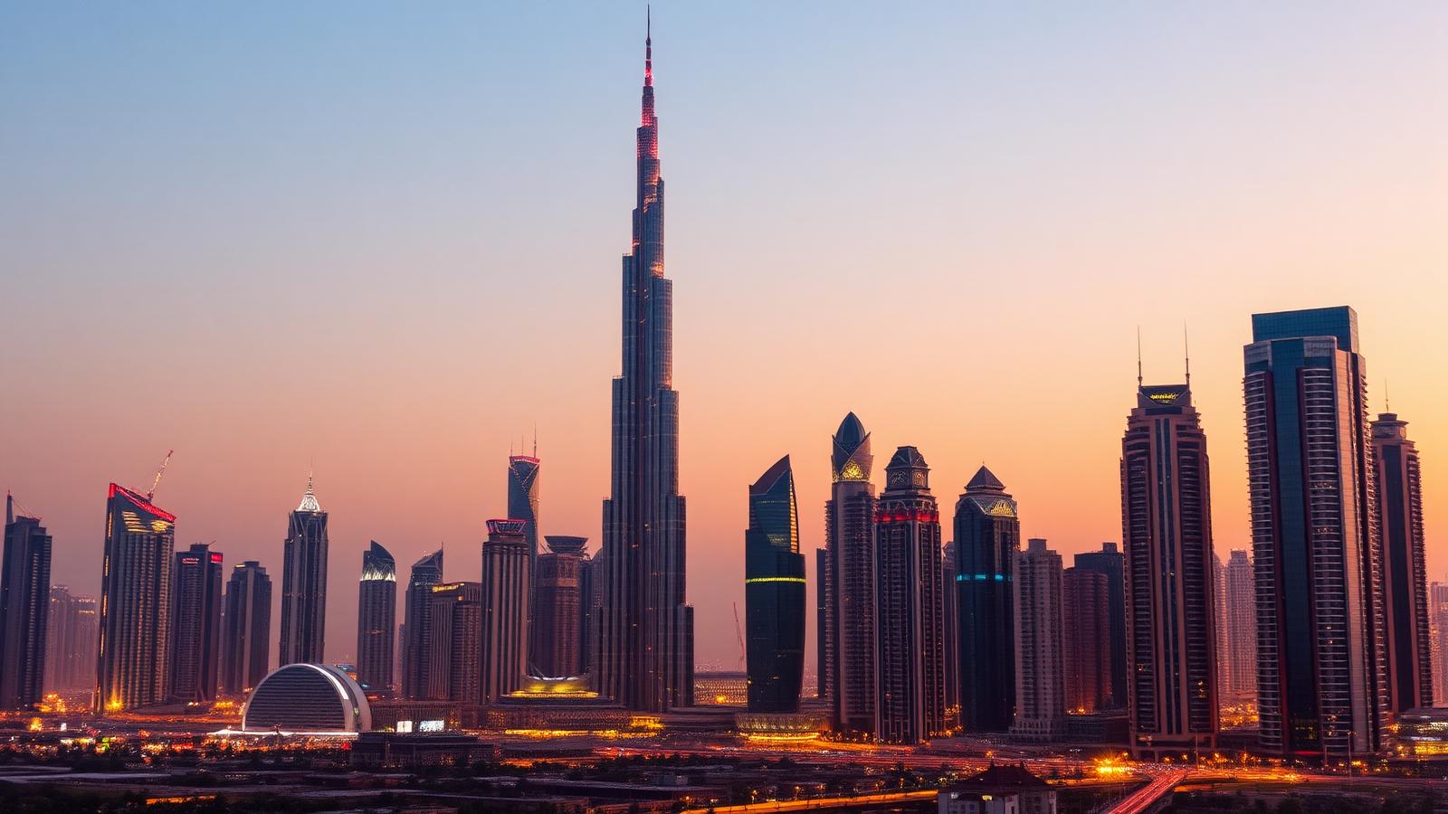 Dubai skyline at golden hour with the Burj Khalifa and modern business district towers